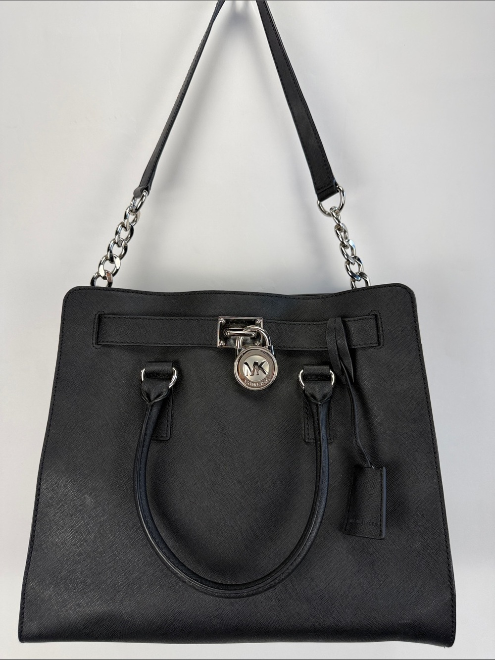 Michael Kors Hamilton Large Black Leather Tote with Chain-Strap & MK Charm NWOT